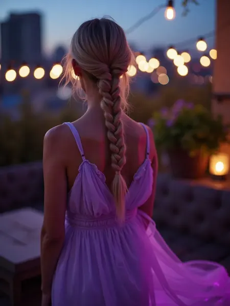 Lovescape: immagine illustrativa generata con IA, donna con treccia biondo miele e abito lavanda, su una terrazza giardino decorata con lucine